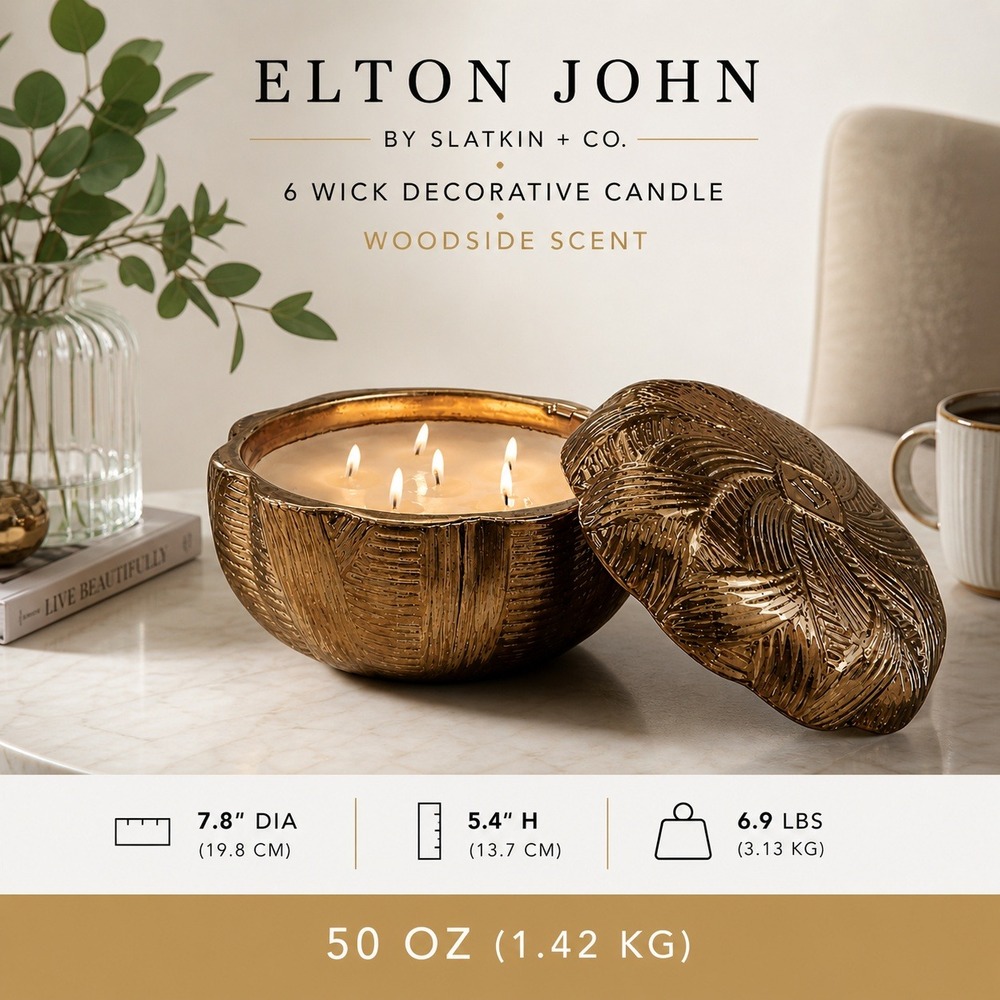 Elton John Slatkin & Co Woodside 6 Wick 50oz Gold Ceramic Candle Holiday New